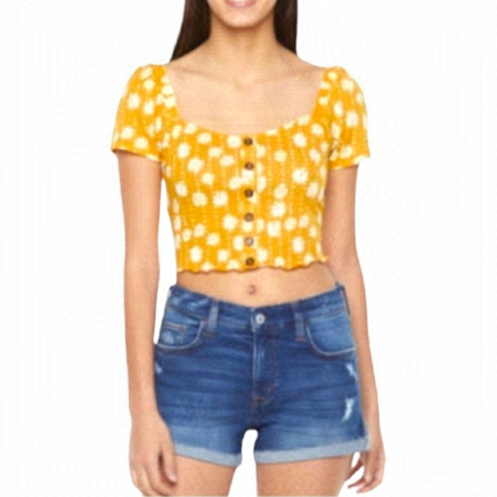 4/$45 DEREK HEART Yellow and White Floral Off Shoulder Short Sleeve Crop Top Sm